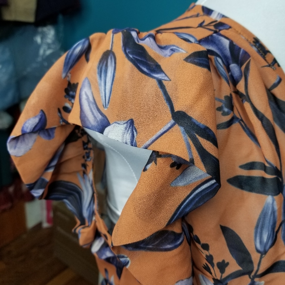 Wayward Fancies Wrap Blouse Orange Blue Floral - Picture 4 of 13